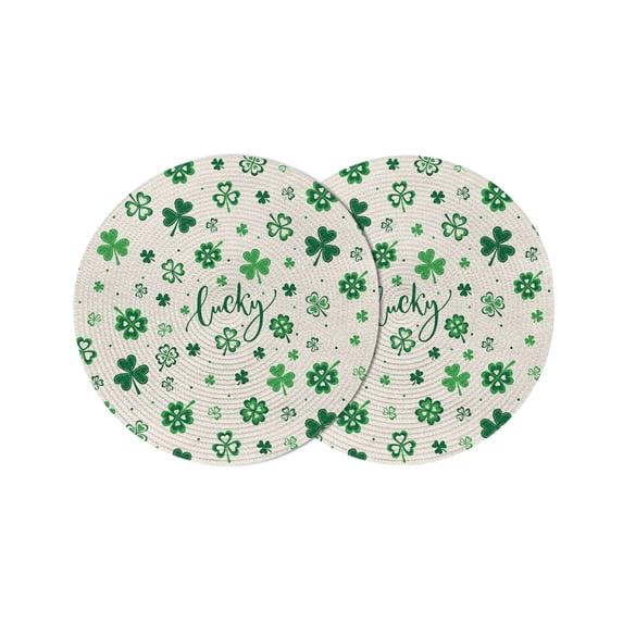 Lucky Day Round 15 Inch Placemats Set of 2, St. Patrick's Shamrock Rustic Clover Green HeatResistant Non Slip Place Mats for Dining Table, Wipeable Braided Kitchen Table Mats for Housewarming