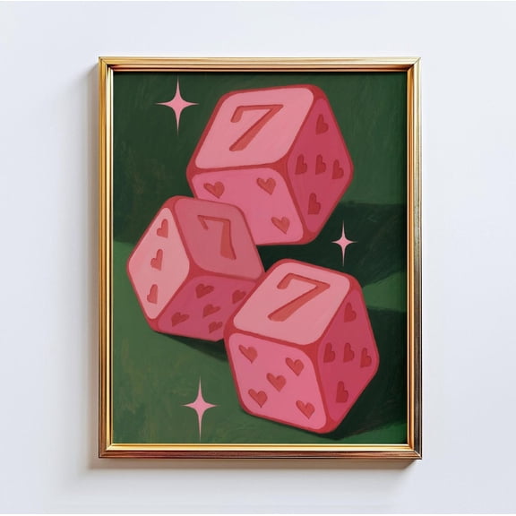 Lucky Dice Poster – Pink Heart Dice Wall Art, Feminine Pop Art Decor, Unframed Poster Size 8x12