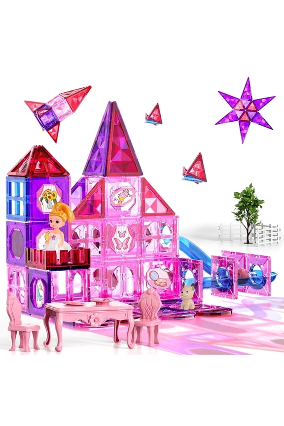 66 PCS Magnetic Tiles for Kids Girls, Construction STEM Building Blocks Educational Toy, Building Toys for Girls Ages 3+