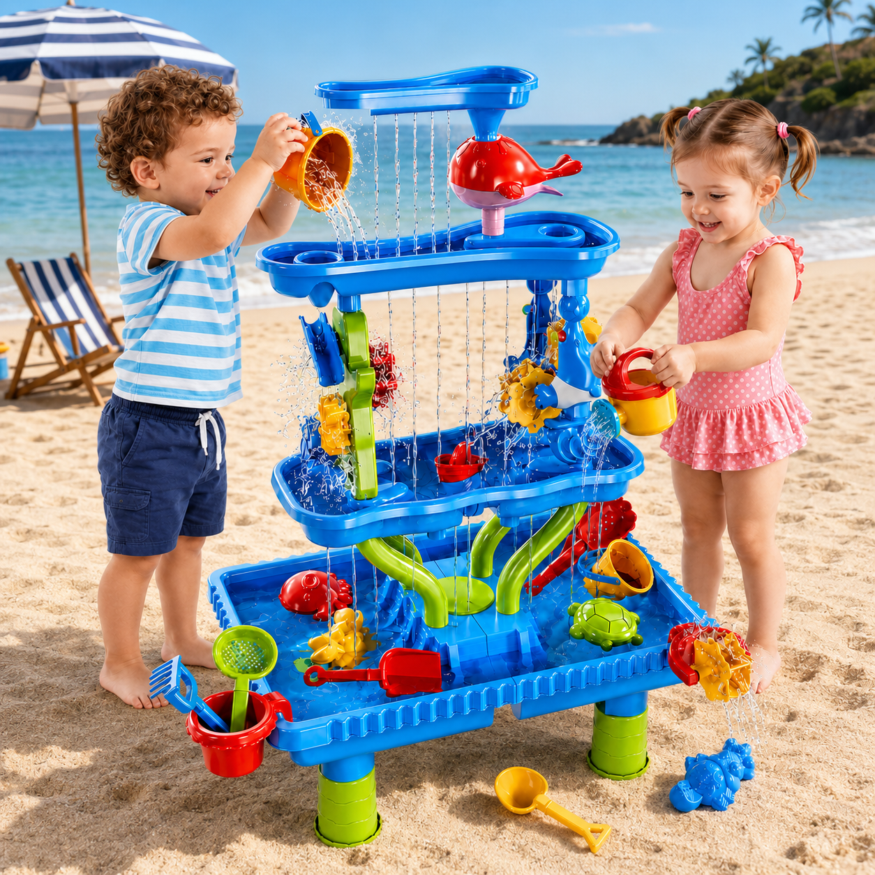 Lucky Doug 4-Tier Water Table Sand Beach Outdoor Toys, Kids Outdoor Toys Water Play Set for Toddlers Boys and Girls Ages 2-6 Years Old