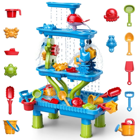 TALGIC 3-Tier Water & Sand Table For Kids - Outdoor Sensory Play With Umbrella For Ages 1-8