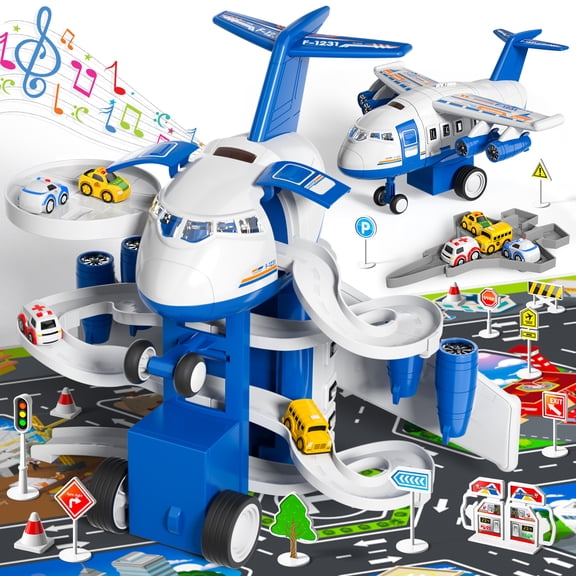Lucky Doug Airplane Toys for Boys Ages 3-6 Years Old, Toddlers Boys Plane Toys with Track, 8 Mini Cars, Light Sound, Boys Toys Gifts for Ages 3 4 5 6