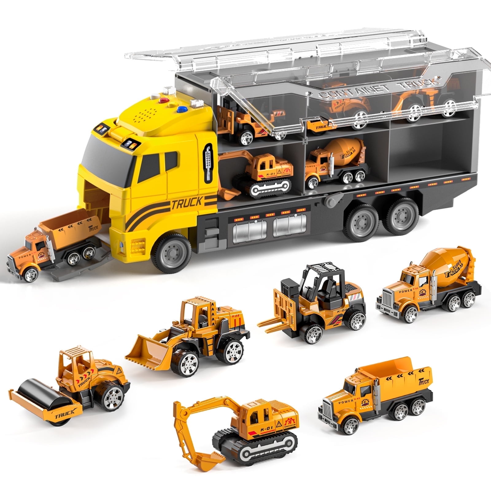 Lucky Doug Construction Toy Truck for Toddler, Boy Truck with 6 Metal Construction Cars, Toys for Boys Ages 3-6-8