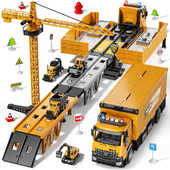 Lucky Doug Construction Truck Toy for Boys Age 3-6, Truck Set Include Launcher, Crane, Race Track, 4 Construction Vehicles - Dump truck, Cement Truck, Bulldozer, Excavator Toys for Kid 3- 6 Boy Gift