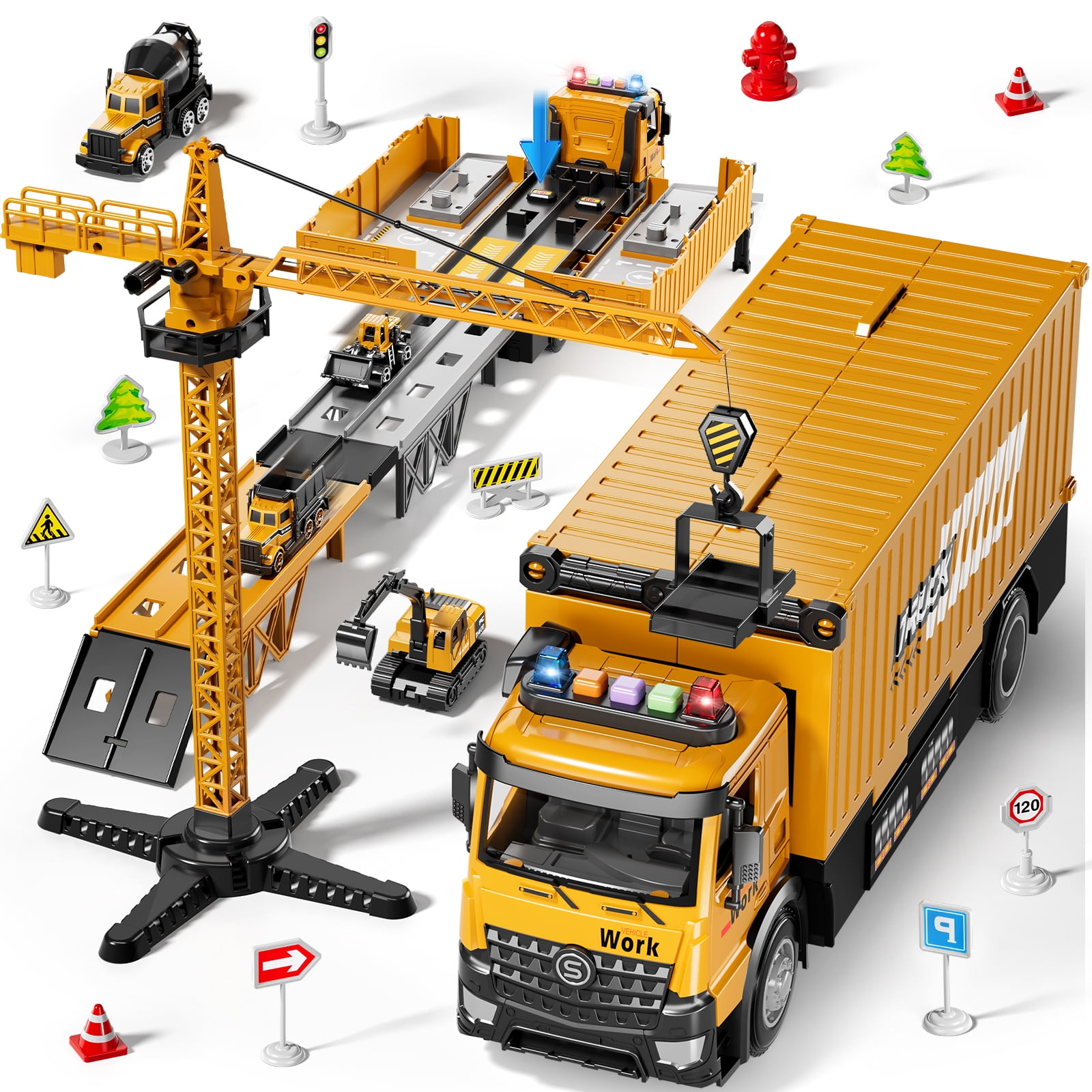 Lucky Doug Construction Truck Toy for Boys Age 3-6, Truck Set Include Launcher, Crane, Race Track, 4 Construction Vehicles - Dump truck, Cement Truck, Bulldozer, Excavator Toys for Kid 3- 6  Boy Gift