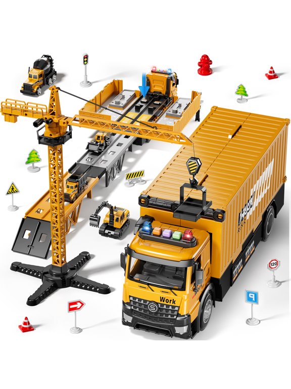 Construction Truck Set for Kids Boys Age 3-6 Years Old Toys, 3 in 1 Construction Truck Set Include Launcher, Crane, Race Track, 4 Construction Vehicles, Construction Toys for Kid 3-6 Boys