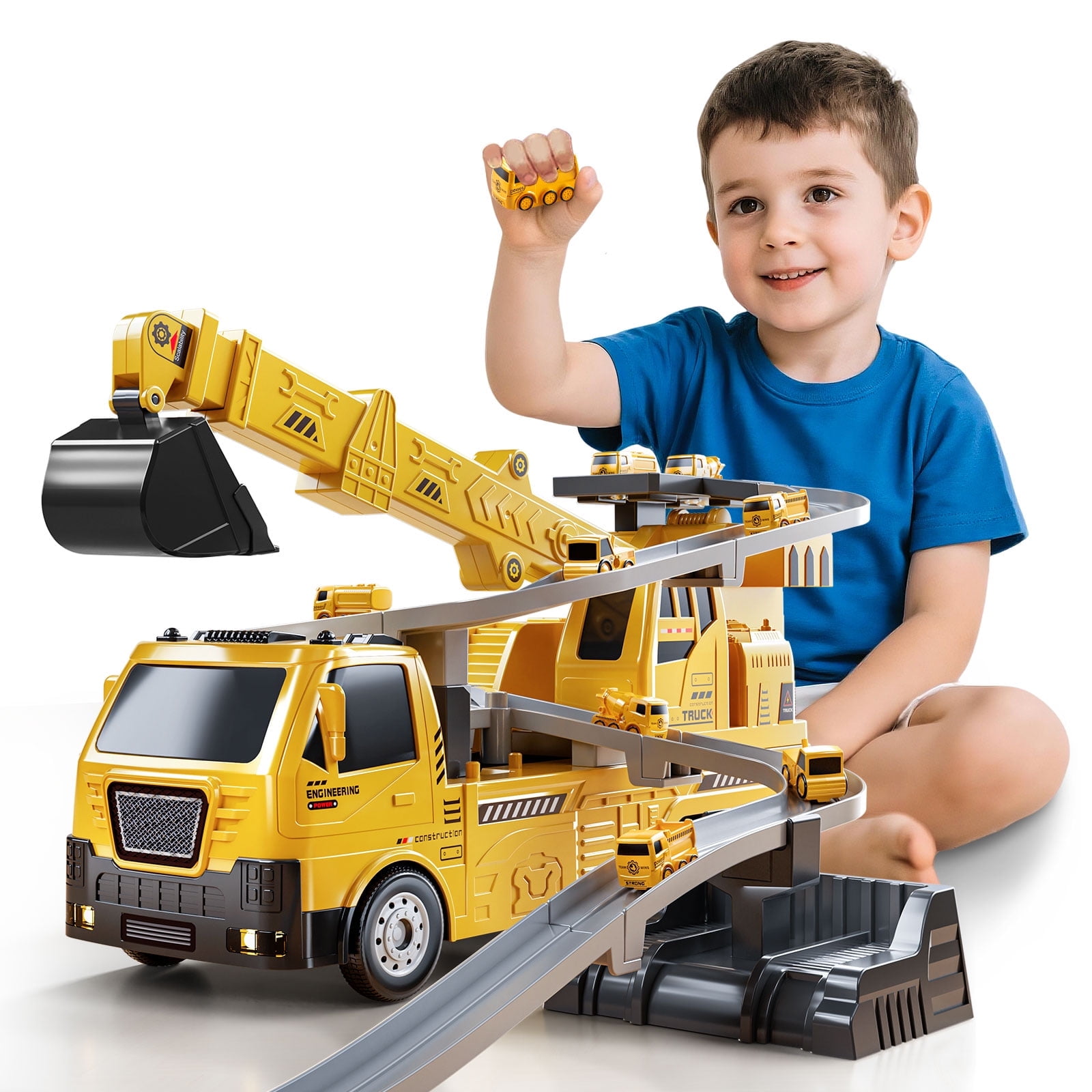 Lucky Doug Excavator Toys for 3-8 Years Old Boys, Crane Construction Toys with Light & Sound, Crane Truck with Track & 8 Cars, Toys for 3-8 Years Old Boys Gifts