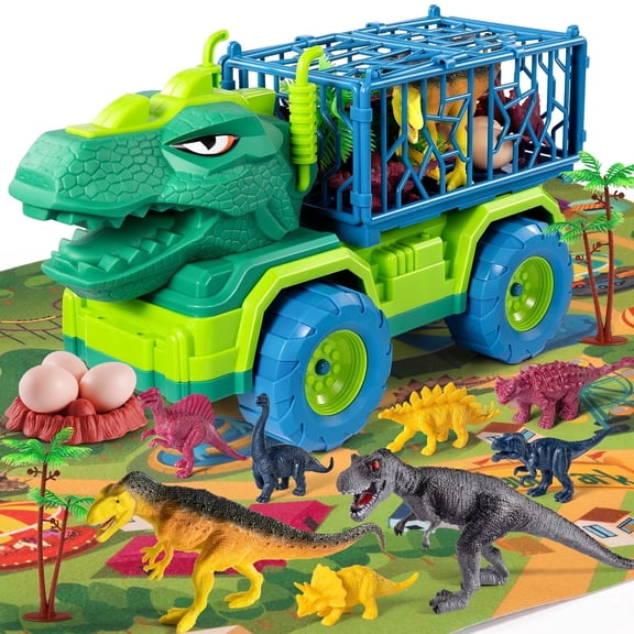 Lucky Doug Dinosaur Truck Toys for Kids 3-6, Tyrannsaurus Car Toy with Dino Figures & Little Dinosaur, Large Activity Play Mat, Dinosaur Eggs, Dinosaur Play Set for Boys and Girls Ages 3-6-8