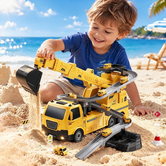Lucky Doug Excavator Toys for 3-8 Years Old Boys, Crane Construction Toys with Light & Sound, Crane Truck with Track & 8 Cars, Toys for 3-8 Years Old Boys Gifts