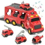 Lucky Doug Fire Truck Car Set for Toddlers Ages 1-3-5, 5 in 1 Carrier Truck Toys with Light & Sound, Toddlers Boys Toys Ages 2 3-5 as Birthday Gift