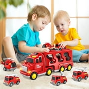 Lucky Doug Fire Truck Car Set for Toddlers Ages 1-3-5, 5 in 1 Carrier Truck Toys with Light & Sound, Toddlers Boys Toys Ages 2 3-5 as Birthday Gift