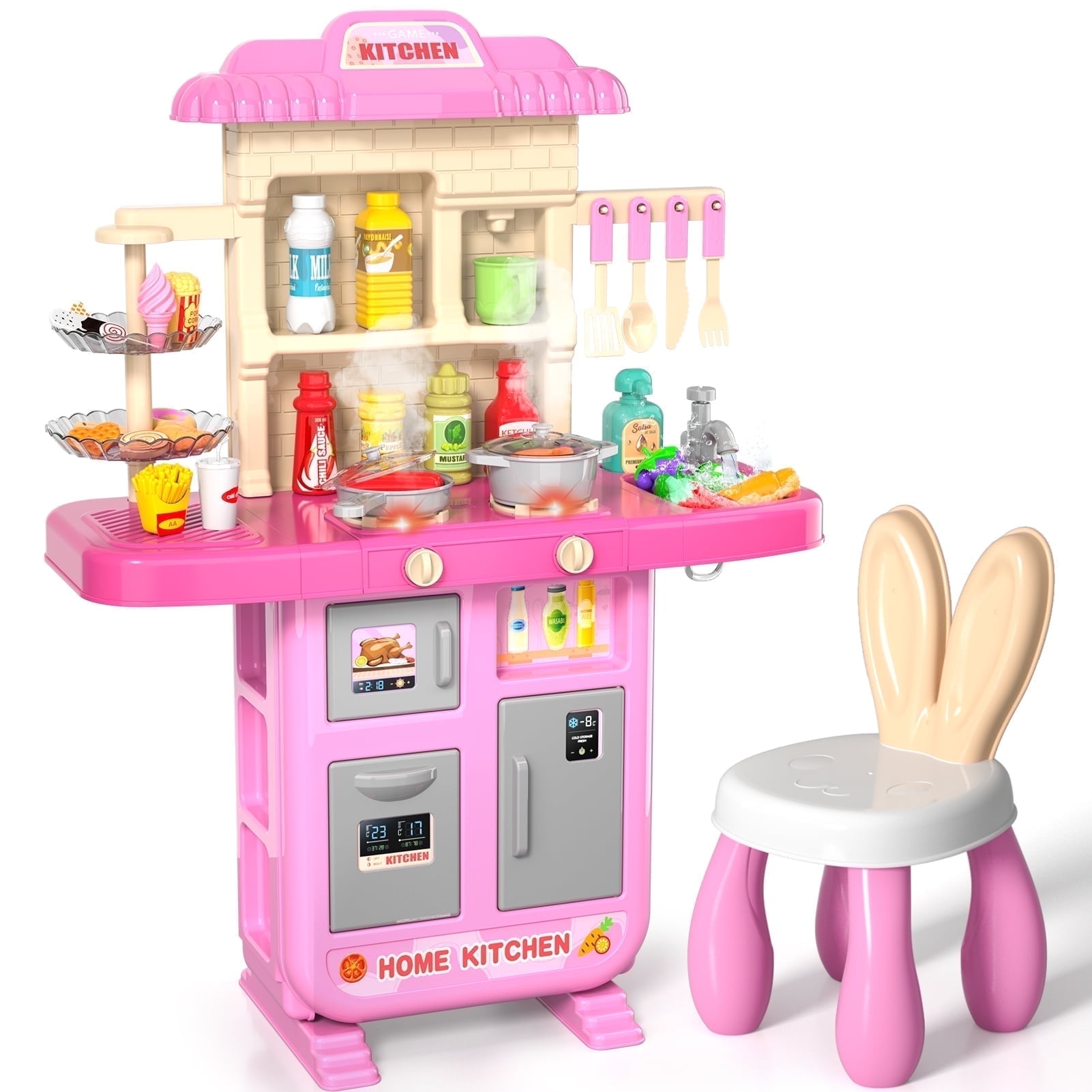Lucky Doug Toddler Play Kitchen Toys for Girl Age 3-6, Girls Pretend Play Toy Kicthen with Chair, Light Sound, Spray, Gifts for 3 4 5 6 Years Old Girls