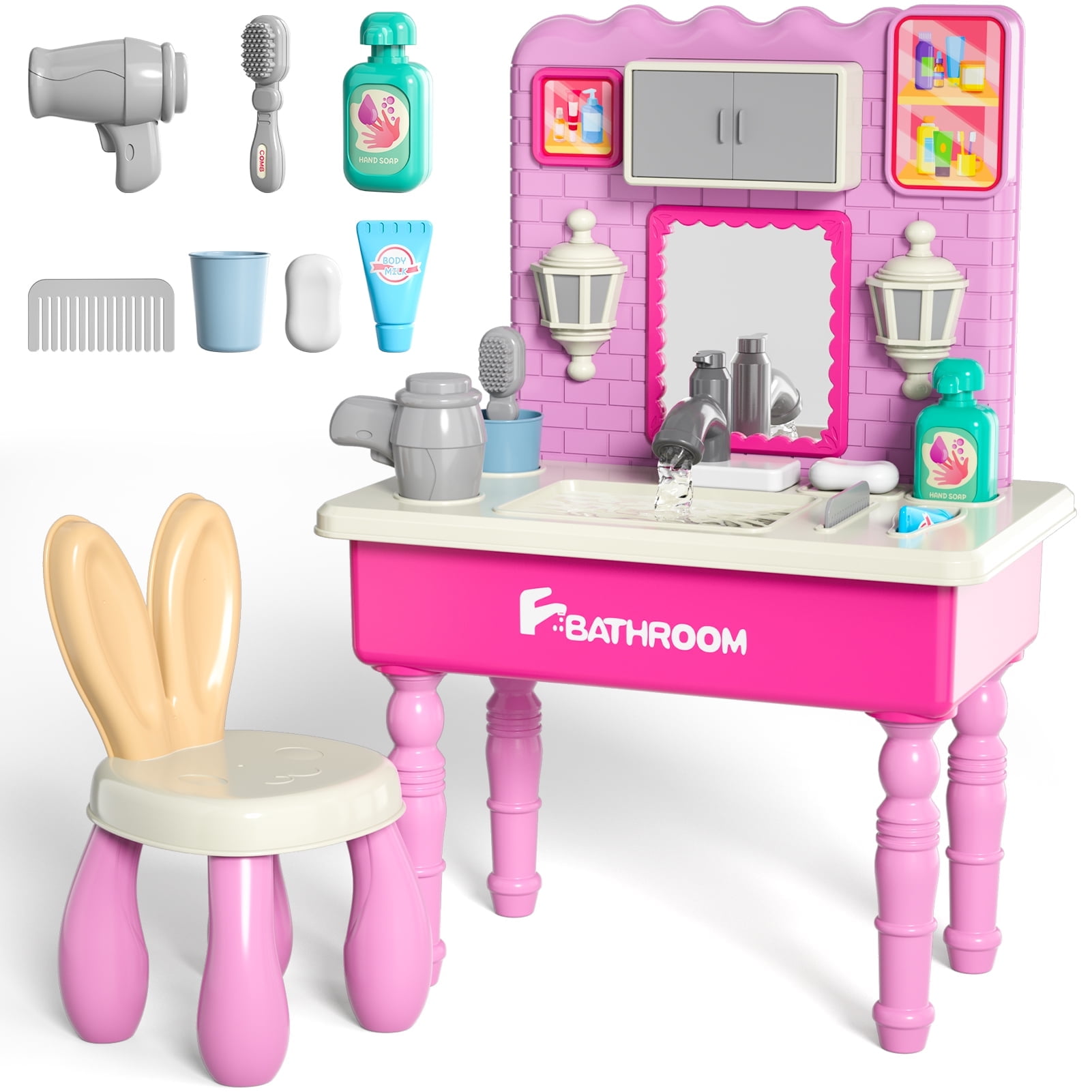 Lucky Doug Play Sink Toys for Girls 3-7 Years Old, Bathroom Sink Toy with Running Water Vanity Set with Mirror for Toddlers
