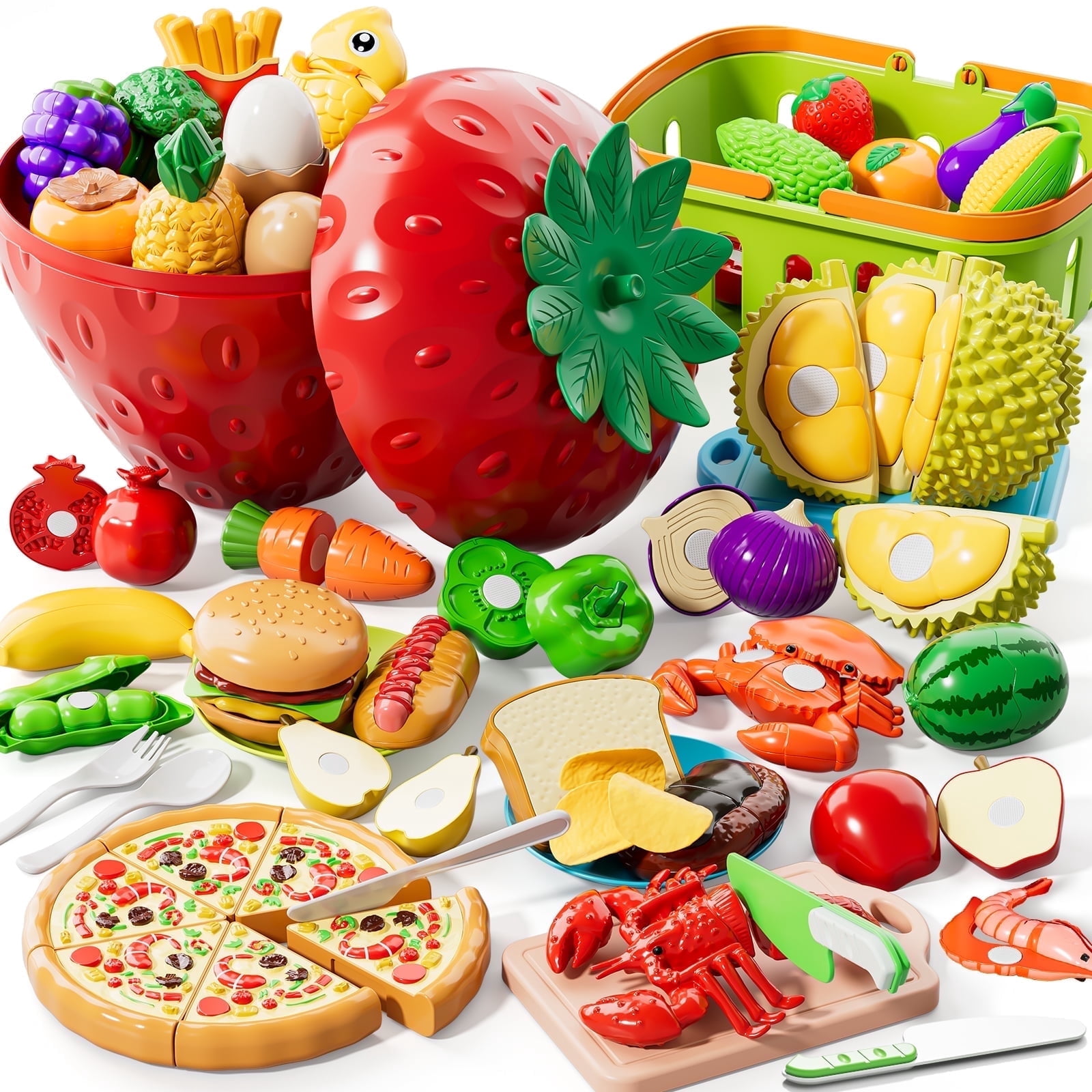 Lucky Doug, Play Food Toys, 37 Items Fruit Vegetable Set, Red