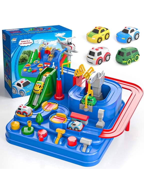 Adventure Race Car Toys for 3-6 Years Old Boys, Car Rescue Adventure Toys with 4 Mini Car, Manually Operated Car Playset Educational Toys for Kids, Gifts for Boys Ages 3 4 5 6