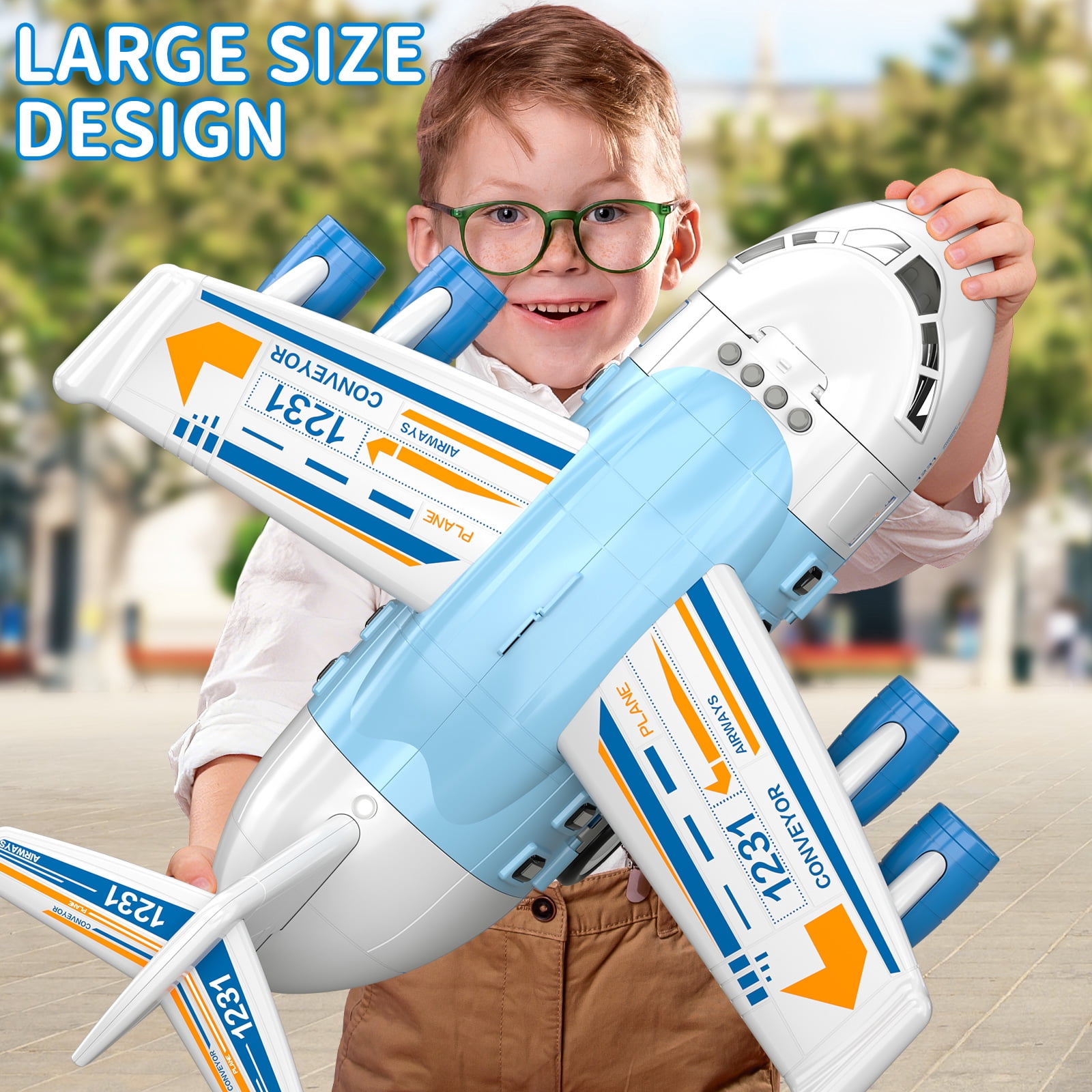 Lucky Doug Plane Toys for Toddlers Ages 1-6, Toddlers Airplane Playset with 10 Cars Toys, Light & Sound, Toys for 3-6 Years Old Boys Gifts