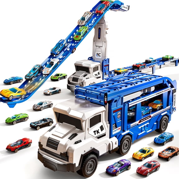 Lucky Doug Toddler Truck Toys for 3-6-8 Years Old Boys Girls, Transporter Truck Set with Dual Race Track, Dual Launcher, 12 Die-Cast Cars Toys for 3-6 Years Old Boy