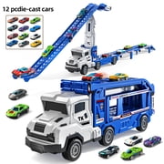 Lucky Doug Toddler Truck Toys for 3-6-8 Years Old Boys Girls, Transporter Truck Set with Dual Race Track, Dual Launcher, 12 Die-Cast Cars Toys for 3-6 Years Old Boy