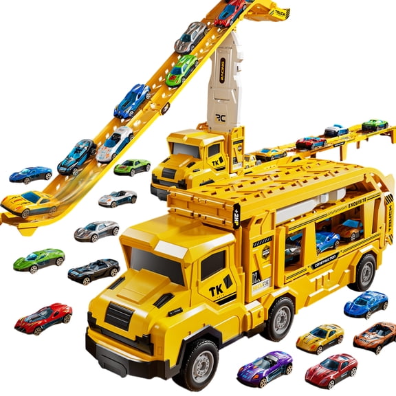 Lucky Doug Toddlers Car Truck Toys for 3-6-8 Years Old Boys Girls, Transporter Truck Toy with Race Track, 12 Die-Cast Car