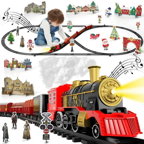 Lucky Doug Train Set Toys for Kids, Christmas Train Sets Toys for Kids W/Smokes, Light & Sound Include 6 Car and 28 Tracks, Christmas Train Set Toys Birthday Gifts for 3 4 5 6 Year Old Boys Girls