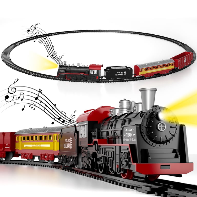 Lucky Doug Train Set Toy With Light & Sound - 3 Car & 10 Track Pieces Christmas Train For Kids 3-6 Years Old
