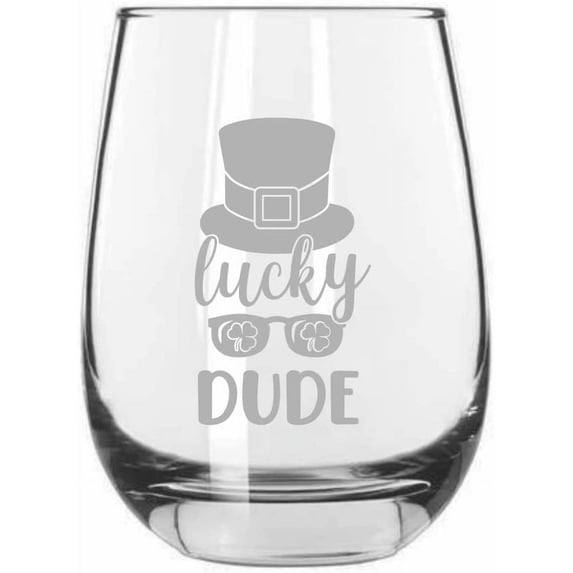 Lucky Dude St Patrick's Day Etched 15.25oz Libbey Stemless Wine Glass