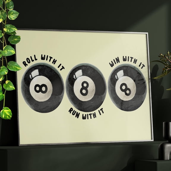 Lucky Eight Ball Action Quote Wall Art Bar Cart Decor, Unframed Canvas Size 8x12