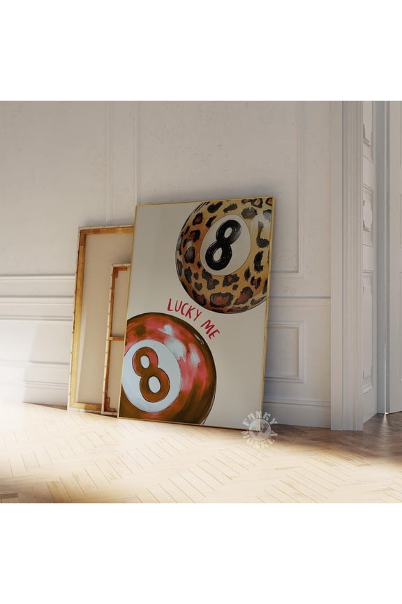 Lucky Eight Ball Red Leopard Retro Wall Art, Unframed Canvas Size 16x24