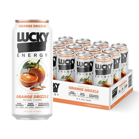 Lucky Energy Sugar Free Energy Drinks, Orange Drizzle, 16oz Cans (12-Pack) Healthy, Zero Sugar Energy Drink with Maca, Ginseng, Beta-Alanine, Taurine & 200mg Caffeine