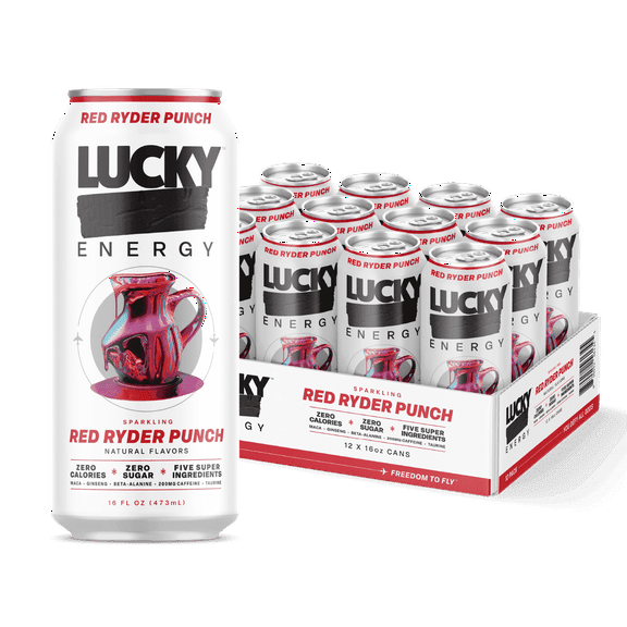 Lucky Energy Sugar Free Energy Drinks, Red Ryder Punch, 16oz Cans (12-Pack) Healthy, Zero Sugar Energy Drink with Maca, Ginseng, Beta-Alanine, Taurine & 200mg Caffeine