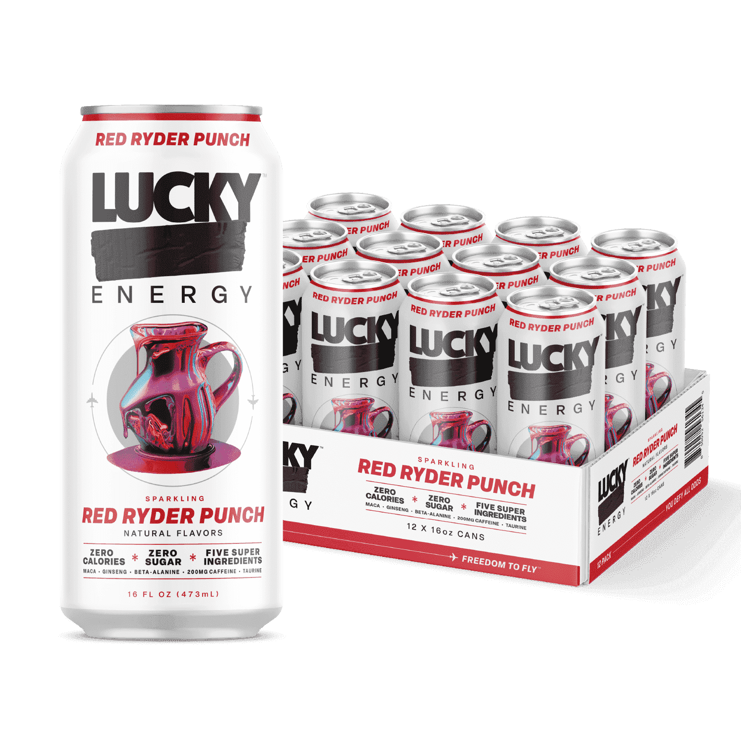 Lucky Energy Drinks, Red Ryder Punch, 12-Pack, 16 fl oz, 200mg
