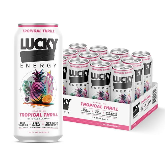 Lucky Energy Sugar Free Energy Drinks, Tropical Thrill, 16oz Cans (12-Pack) Healthy, Zero Sugar Energy Drink with Maca, Ginseng, Beta-Alanine, Taurine & 200mg Caffeine