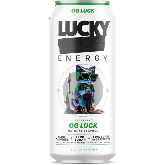 Lucky Energy Sugar Free Energy Drinks 16 fl oz Can, OG Luck with Maca, Ginseng, Taurine, Beta-Alanine, 200mg Caffeine, Zero Calories