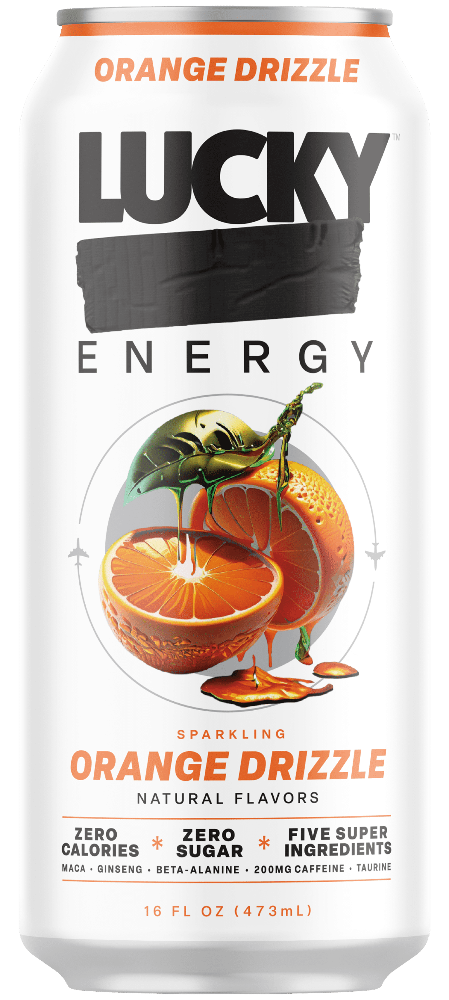 Lucky Energy Sugar Free Energy Drinks 16 fl oz Can, Orange Drizzle with Maca, Ginseng, Taurine, Beta-Alanine, 200mg Caffeine, Zero Calories