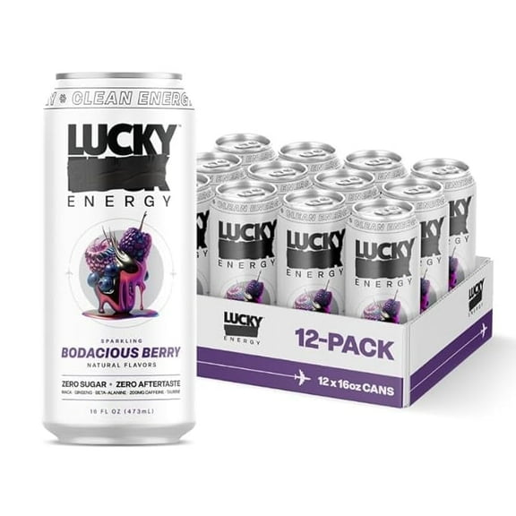 Lucky Energy Drink, Sugar Free, Bodacious Berry, 16 fl oz Cans, 12 Pack, with Maca, Ginseng, Taurine, and 200mg Caffeine