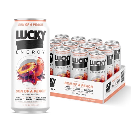 Lucky Energy Sugar Free Energy Drinks, Son of a Peach, 16oz Cans (12-Pack) Healthy, Zero Sugar Energy Drink with Maca, Ginseng, Beta-Alanine, Taurine & 200mg Caffeine