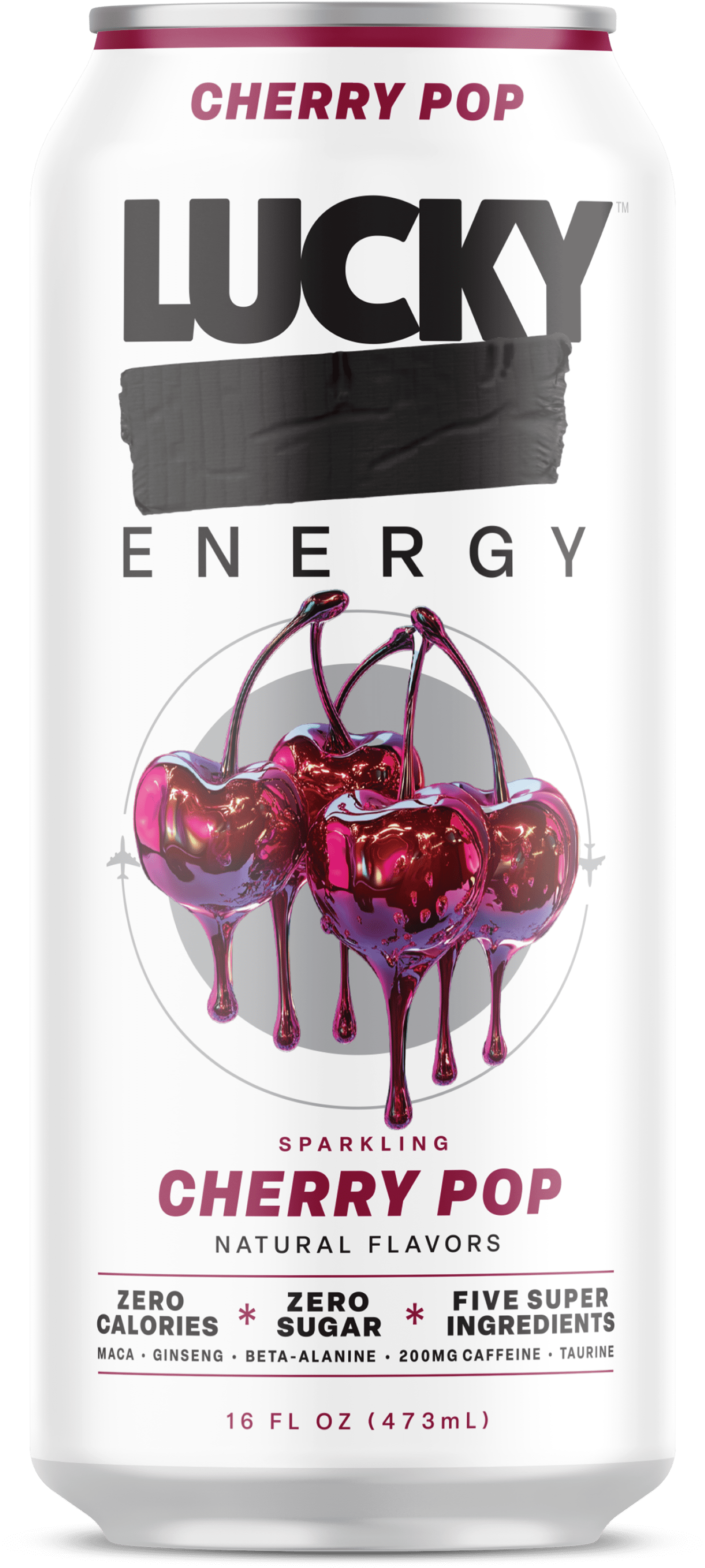 Lucky Energy Sugar Free Energy Drinks 16 fl oz Can, Cherry Pop with Maca, Ginseng, Taurine, Beta-Alanine, 200mg Caffeine, Zero Calories