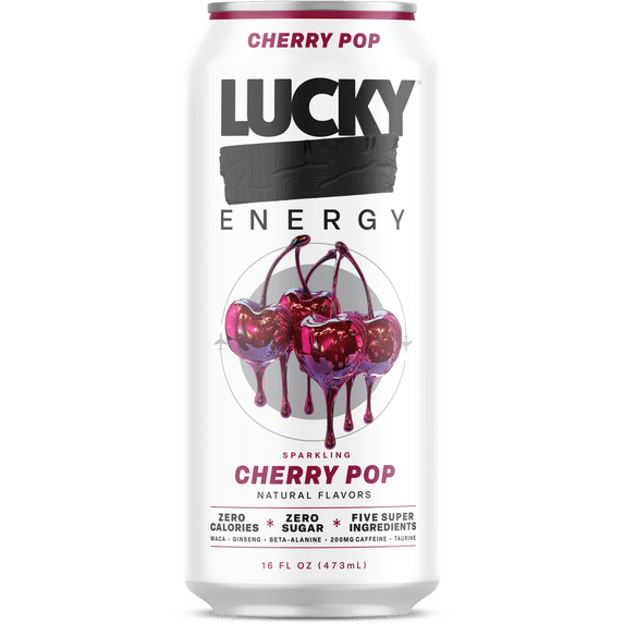 Lucky Energy Sugar Free Energy Drinks 16 fl oz Can, Cherry Pop with Maca, Ginseng, Taurine, Beta-Alanine, 200mg Caffeine, Zero Calories