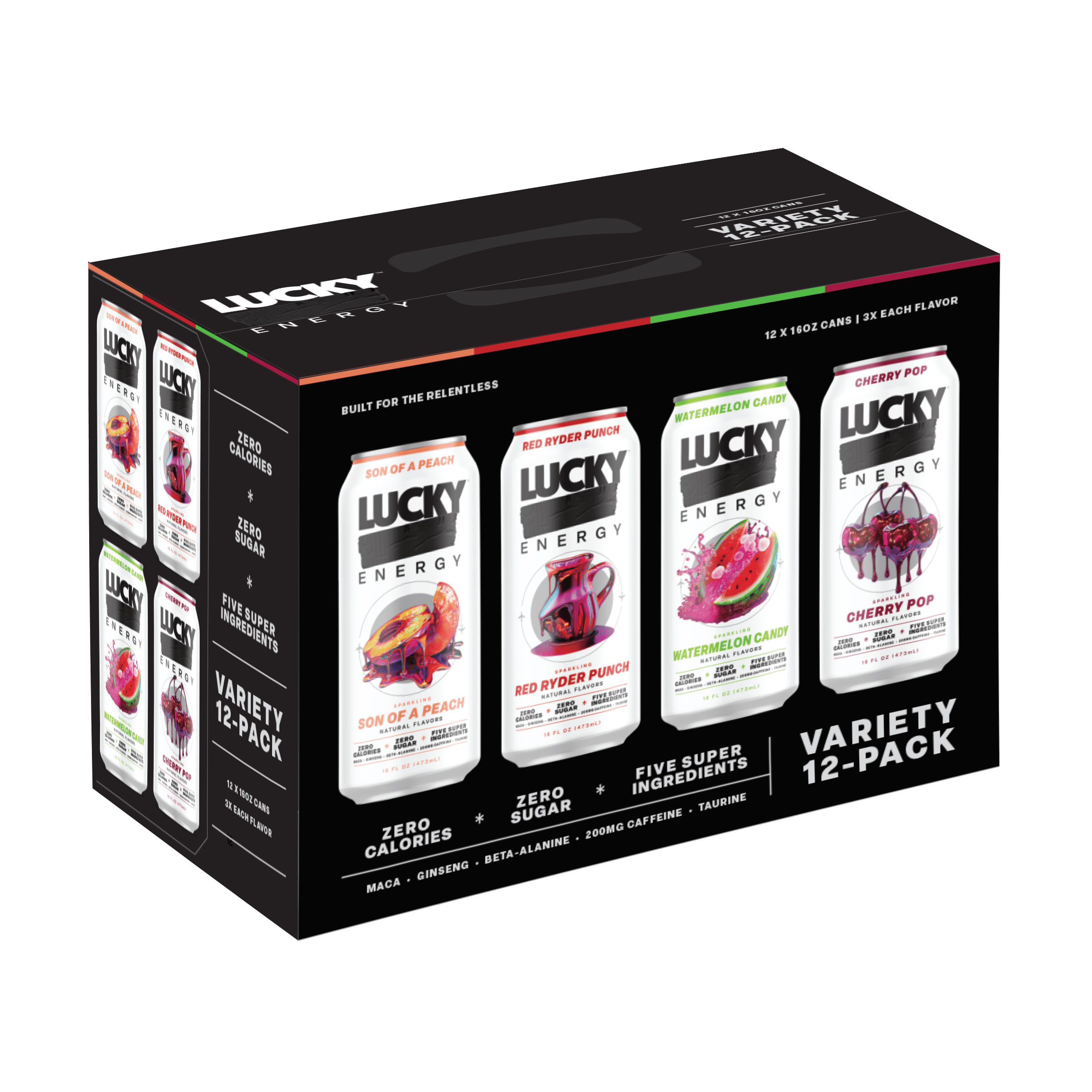 Lucky Energy Sugar Free Energy Drinks 16 oz Cans (12-pack), Variety Pack with Maca, Ginseng, Taurine, Beta-Alanine, 200mg Caffeine, Zero Calories
