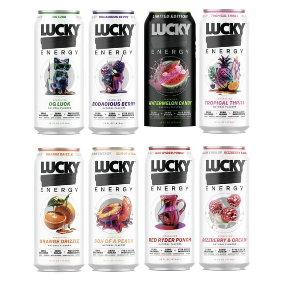 Lucky Energy Sugar Free Energy Drinks 16 fl oz Cans Son 8 Pack Variety Pack with Maca, Ginseng, Taurine, Beta-Alanine, 200mg Caffeine, Zero Calories