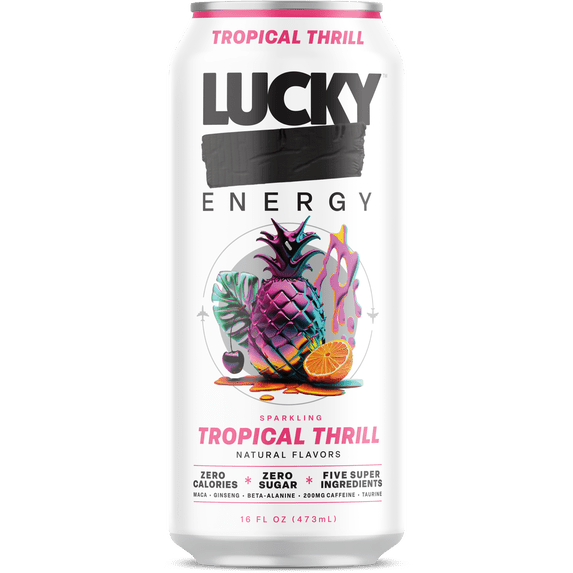 Lucky Energy Sugar Free Energy Drinks 16 fl oz Can, Tropical Thrill with Maca, Ginseng, Taurine, Beta-Alanine, 200mg Caffeine, Zero Calories