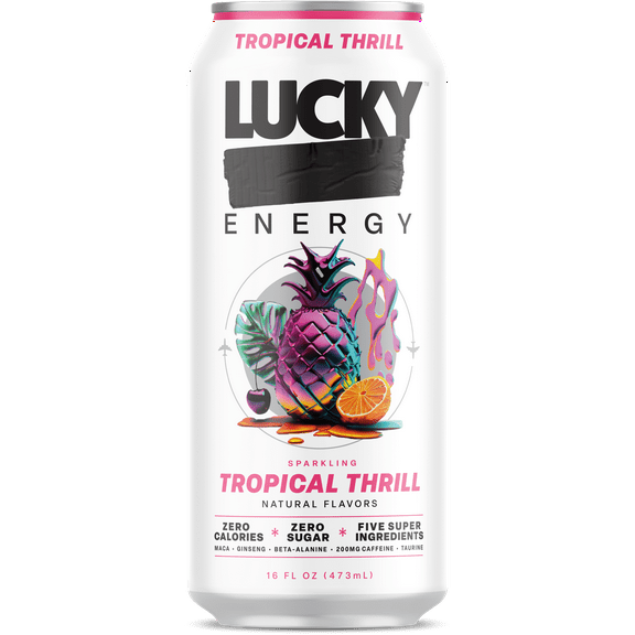 Lucky Energy Sugar Free Energy Drinks 16 fl oz Can, Tropical Thrill with Maca, Ginseng, Taurine, Beta-Alanine, 200mg Caffeine, Zero Calories