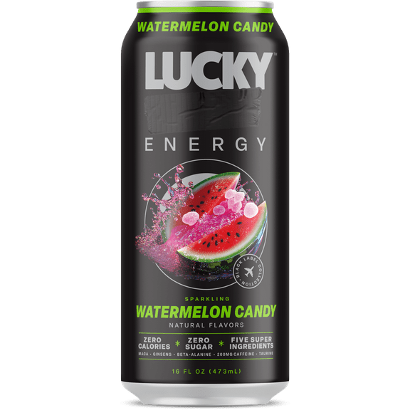 Lucky Energy Sugar Free Energy Drinks 16 fl oz Can, Watermelon Candy with Maca, Ginseng, Taurine, Beta-Alanine, 200mg Caffeine, Zero Calories