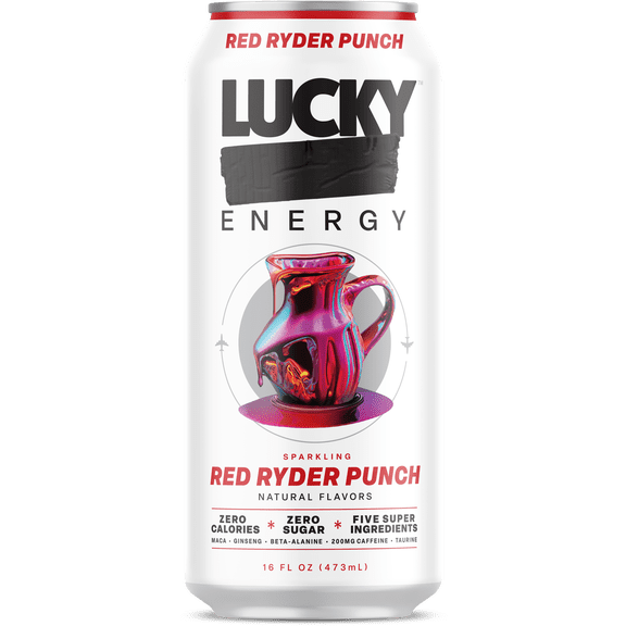 Lucky Energy Sugar Free Energy Drinks 16 fl oz Can, Red Ryder Punch with Maca, Ginseng, Taurine, Beta-Alanine, 200mg Caffeine, Zero Calories