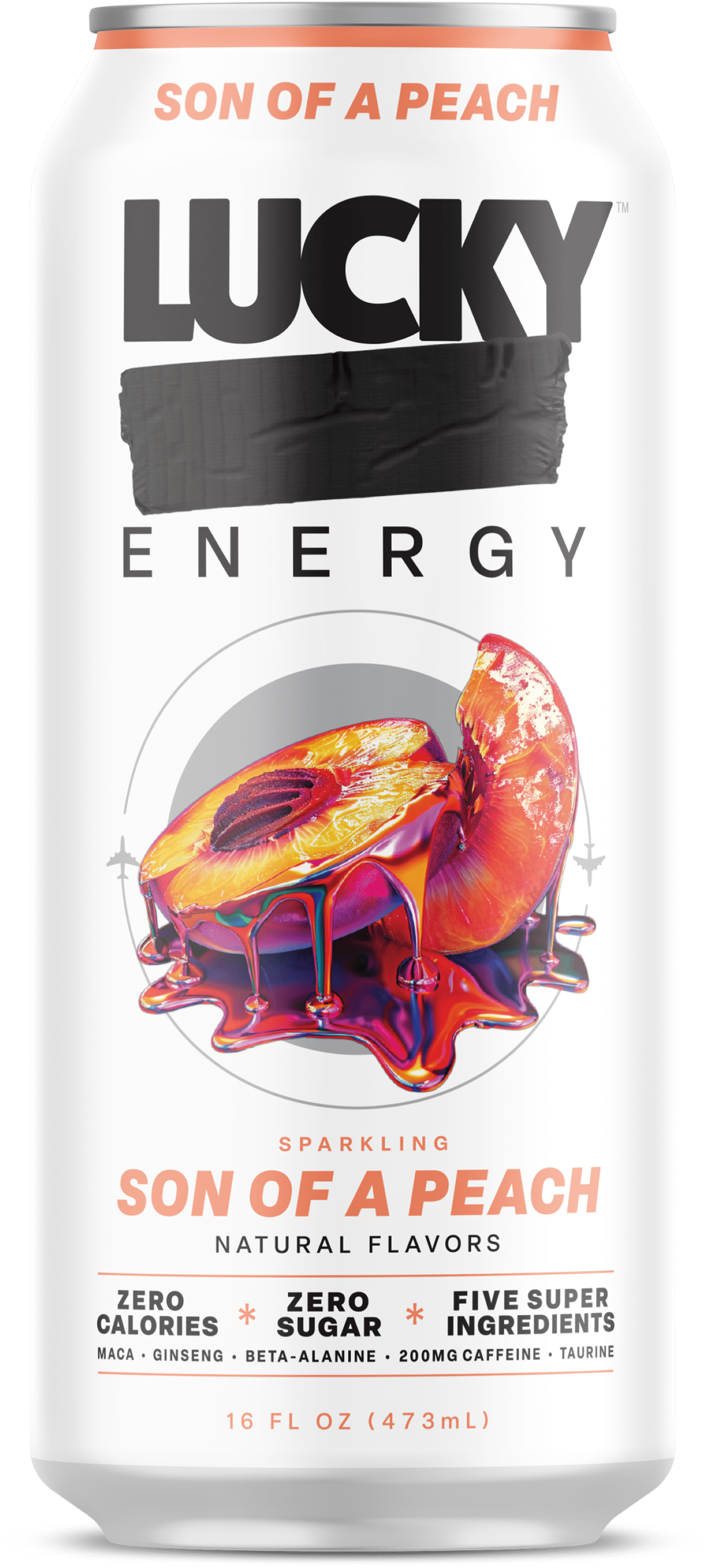 Lucky Energy Sugar Free Energy Drinks 16 fl oz Can, Son of a Peach with Maca, Ginseng, Taurine, Beta-Alanine, 200mg Caffeine, Zero Calories