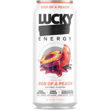 Lucky Energy Sugar Free Energy Drinks 16 fl oz Can, Son of a Peach with Maca, Ginseng, Taurine, Beta-Alanine, 200mg Caffeine, Zero Calories