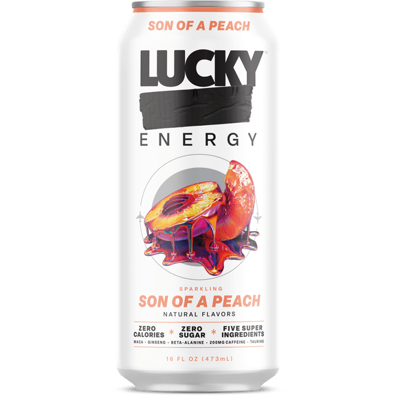 Lucky Energy Sugar Free Energy Drinks 16 fl oz Can, Son of a Peach with Maca, Ginseng, Taurine, Beta-Alanine, 200mg Caffeine, Zero Calories