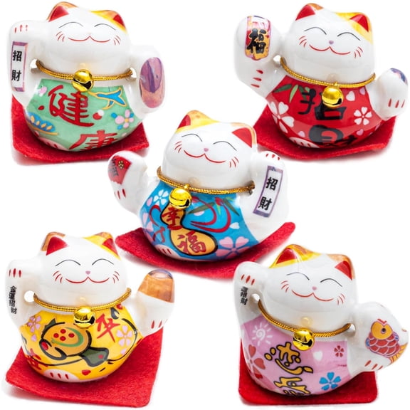 Lucky  Figurines Set of 5 Mini Maneki Neko Small  Figurines 2 Inch Ceramic Beckoning  Statues    Decor for  Desk Shelf Collection  with PVC Box