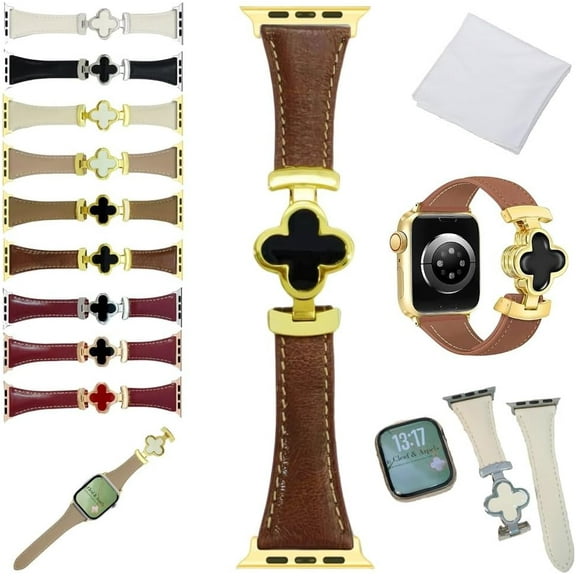 Lucky Flower Leather Strap For Apple Watch Ultra/SE/9/8/7/6/5/4/3/2/1, Appleband Four-Leaf Clover Designer Slim Leather Bands, Magnetic Buckle Replacement Thin Strap for Iwatch Series 49-38mm