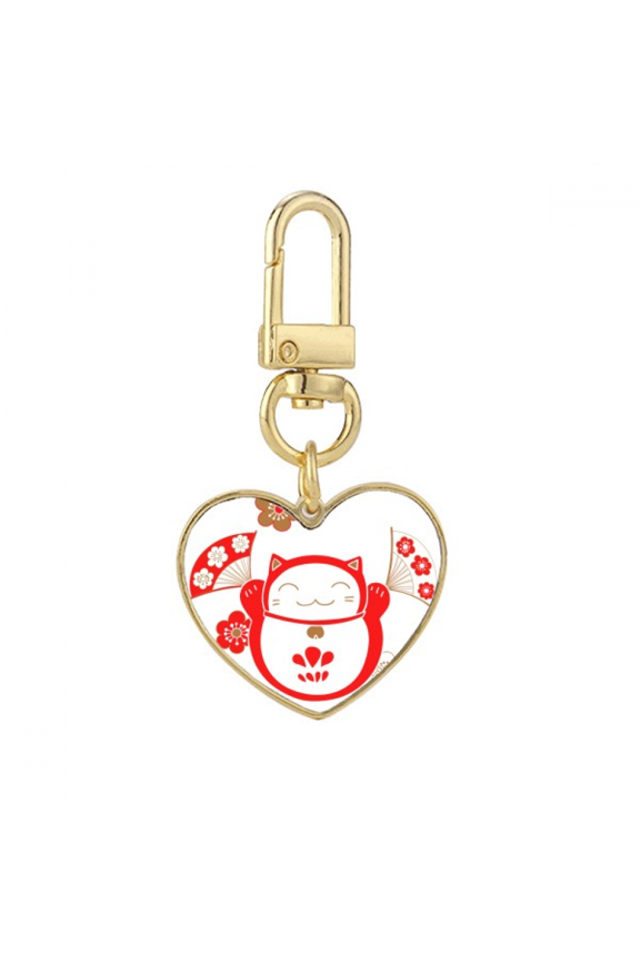 Lucky Fortune Cat Flower Fan Japan Gold Heart Keychain Metal Keyring Holder